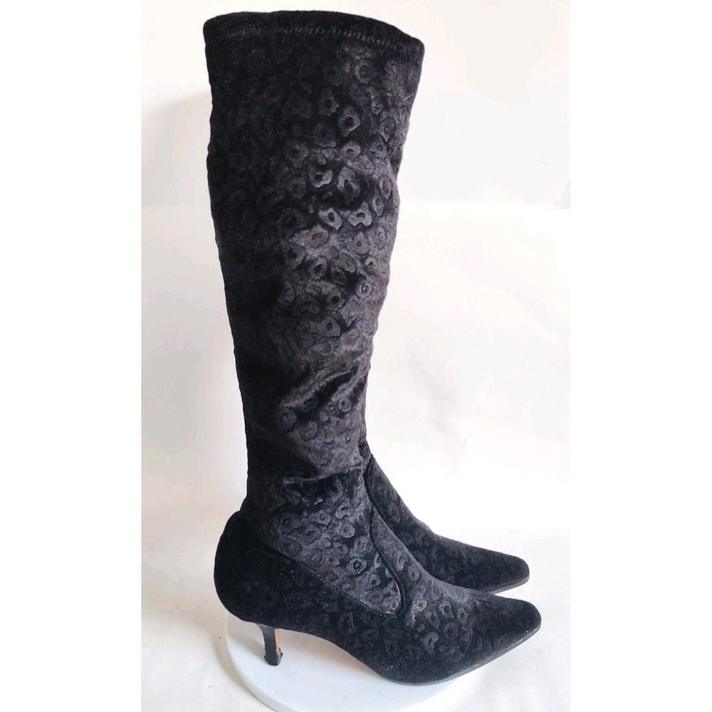 Donald Pliner Knee High Boots 7.5 Y2k Pointy Toe Stretch Black Velvet Cheetah